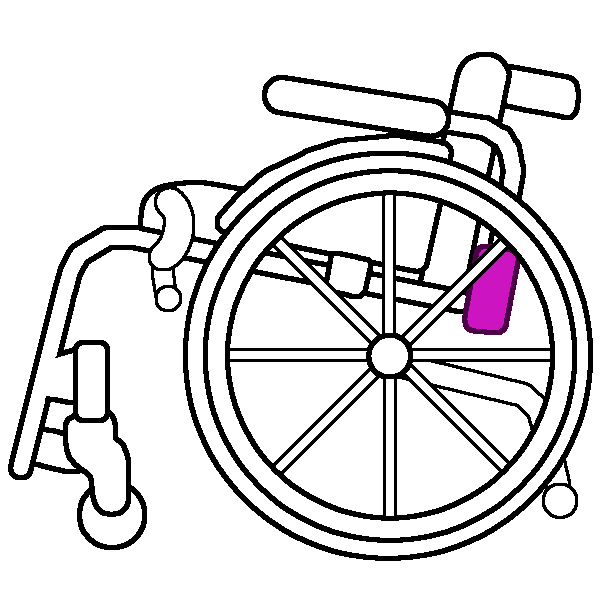 A black and white rigid wheelchair in profile with a bright pink arm rest housing.